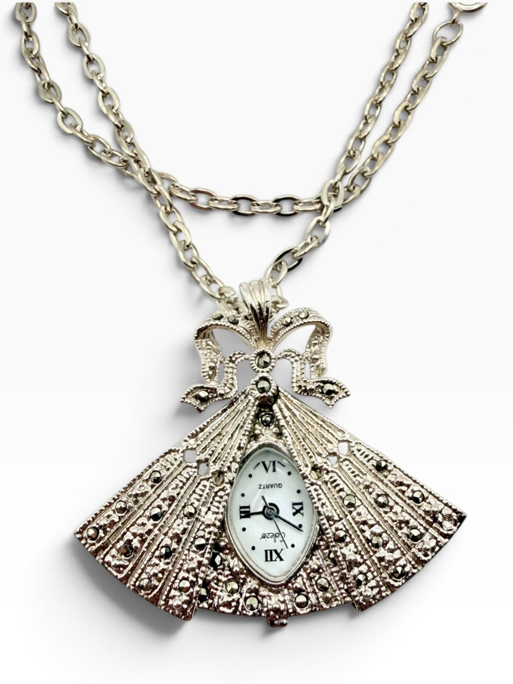 Vintage 80s 90s Collezio Marcasite Fan Pendant Watch Necklace Art Deco Style